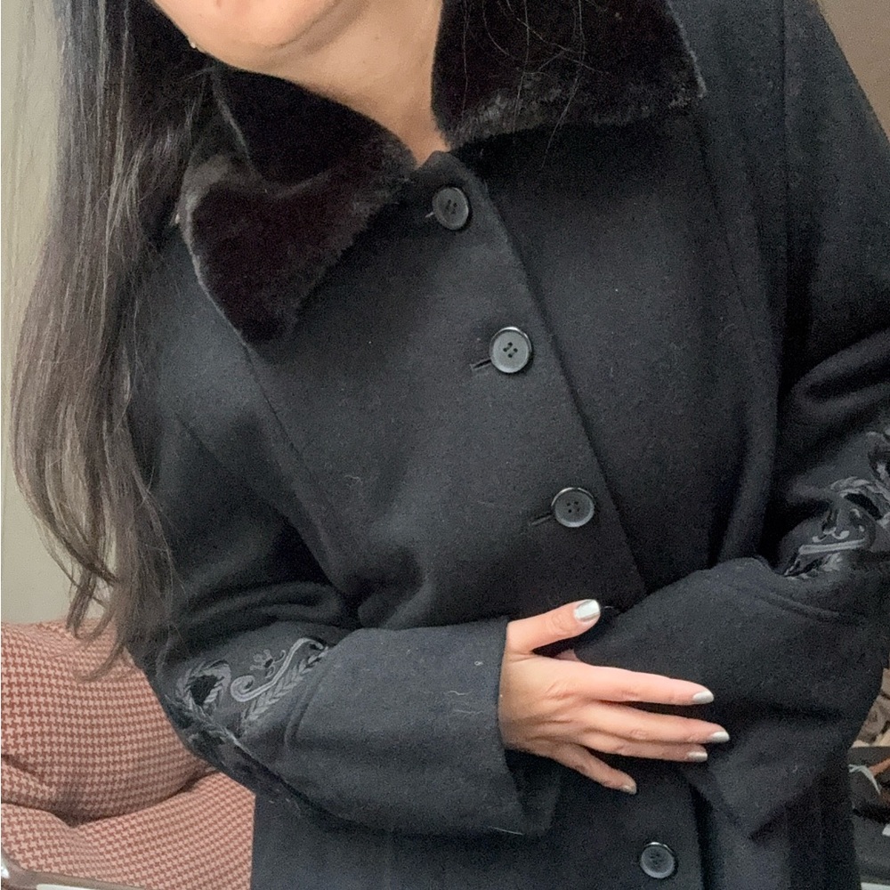 Faux fur collar Black wool Women's LONG Coat